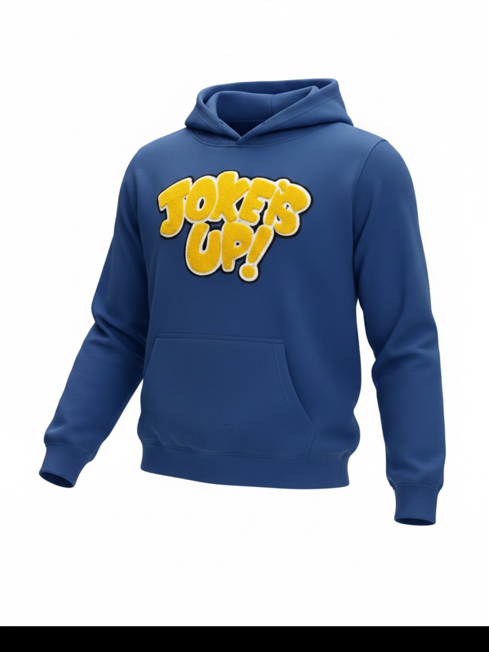 Source Unknown Blue Hoodie with Yellow "Jokes Up!" Graphic